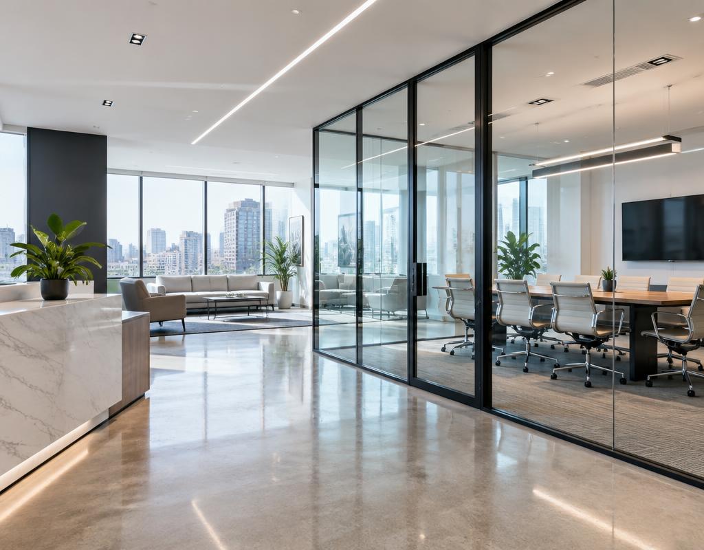Spacious modern office with polished floors and tidy meeting room